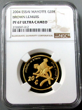 2004 GOLD ESSAI PATTERN MAYOTTE 20 EURO BROWN LEMURS NGC PROOF 67 ULTRA CAMEO 300 MINTED